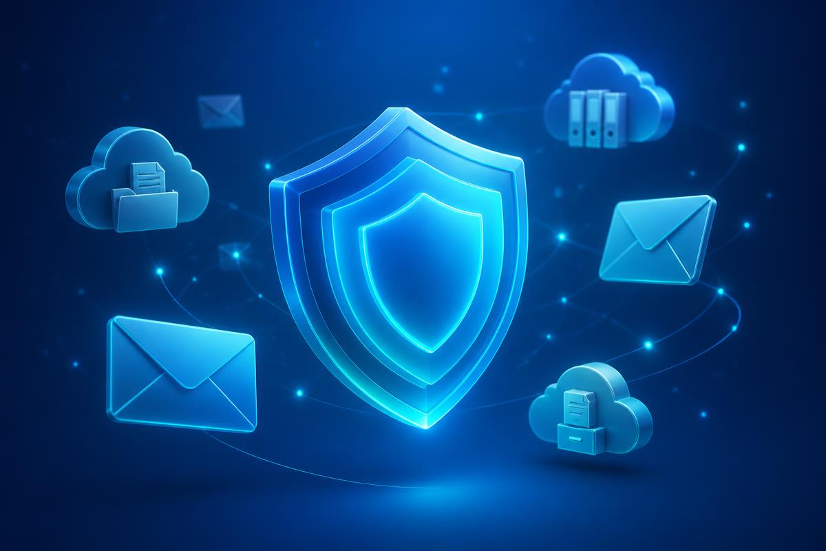 Digital security shield protecting a small business team from phishing and email scams
